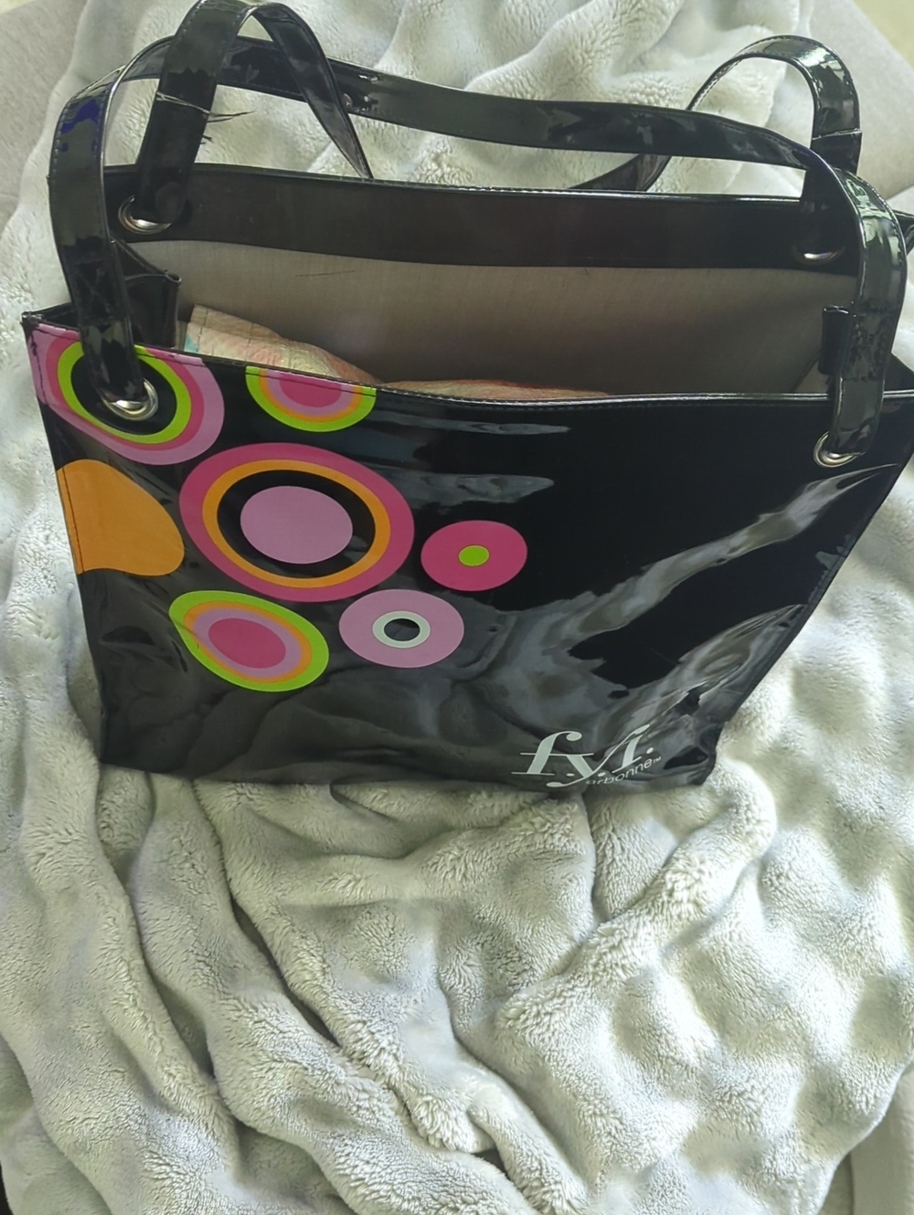Arbonne Black Patent Tote with Pink, Green, Orange & Yellow Circle Accents